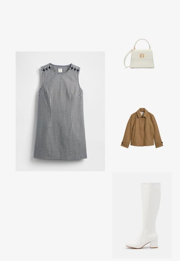 Brun jakke i uldblanding med lige snit, krave, to forlommer og knapmanchetter. Har en subtil tekstur og rene linjer.; Ærmeløs navy og hvid gingham kjole med rund halsudskæring og knapdetaljer på begge skuldre, lagt fladt på en hvid baggrund.; Hvide knæhøje støvler med en glat, blank finish. Firkantet blokhæl og diskret syningsdetalje langs siden.; Lille hvid håndtaske med topgreb, aftagelig skulderrem og guld rektangulært spænde på frontklap.