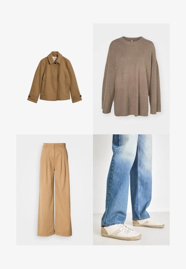 Bruine wollen blend jas met een rechte snit, een kraag, twee voorzakken en knoopmanchetten. Heeft een subtiele textuur en strakke lijnen.; Bruine oversized trui met een geribbelde onderkant, wijde mouwen en een ronde hals. Zachte textuur, minimalistisch ontwerp zonder patronen.; Wijdvallende broek in tan katoen, met plooien bij de taille, een hoge taille en een gladde textuur. Geen zichtbare hardware of patronen.; Witte sneakers met beige accenten en gestructureerde details, gecombineerd met lichtblauwe, iets versleten spijkerbroek in een relaxte pasvorm.
