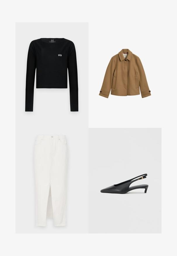Bruine wollen blend jas met een rechte snit, een kraag, twee voorzakken en knoopmanchetten. Heeft een subtiele textuur en strakke lijnen.; Zwarte lange mouwen crop top van katoen met een ronde halslijn en geborduurd "GAP" logo in het wit op de borst. Gladde textuur.; Witte denim rok met een voorklief, voorzien van een knoop- en ritssluiting, vijf zakken en een ruwe zoom aan de onderkant.; Zwarte slingback pumps met een spitse neus, een gladde leren textuur, een lage kittenhak en een bandje met een metalen gespaccent.