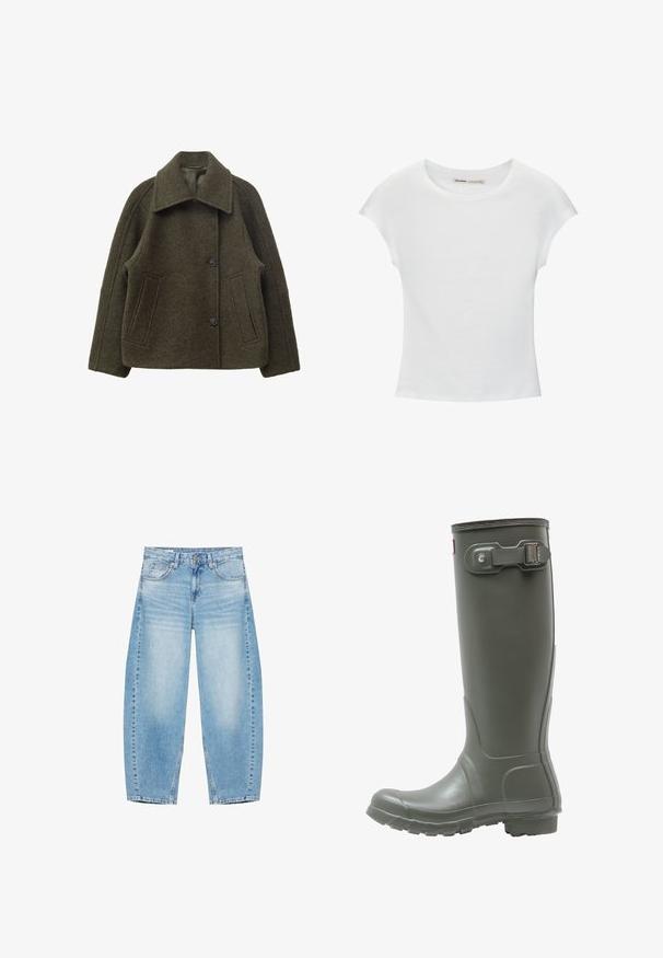 Dunkelolivgrüne Wolljacke mit weitem Kragen, zwei Fronttaschen, langen Ärmeln und einer Vorderseite mit zwei Knöpfen.; Weißes Baumwoll-T-Shirt mit kurzen, aufgerollten Ärmeln, rundem Ausschnitt und geradem Saum. Glatte Textur ohne sichtbare Muster oder Akzente.; Hellblaue Jeans aus Denim mit hoher Taille, geraden weiten Beinen, Fronttaschen und einem Knopf- sowie Reißverschluss.; Grüne Gummiregenstiefel bis zum Knie mit strukturiertem Sohlenprofil, runder Zehenform, verstellbarem Schnallenverschluss an der Seite und glatter Oberfläche.