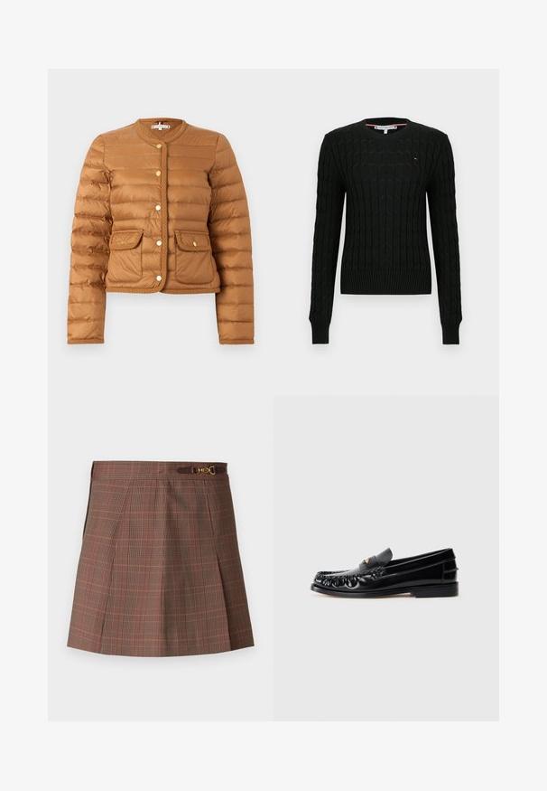 Brun quiltet jakke med rund hals, forreste trykknapper, flettet kant og to klaplommer med guldfarvede knapper.; Sort strikket sweater med kabelmønster, ribstrikkede ærmeafslutninger og kant, med en lille logo på brystet. Rund halsudskæring, lange ærmer.; Brunternet skørter med orange accenter, der har et plisseret design, en tætsiddende talje og en dekorativ guldfarvet detalje på bæltet.; Sorte læder loafers med rund tå, dekorativ sying og en lille gul accent på vampen. Flad gummisål, slankt design.