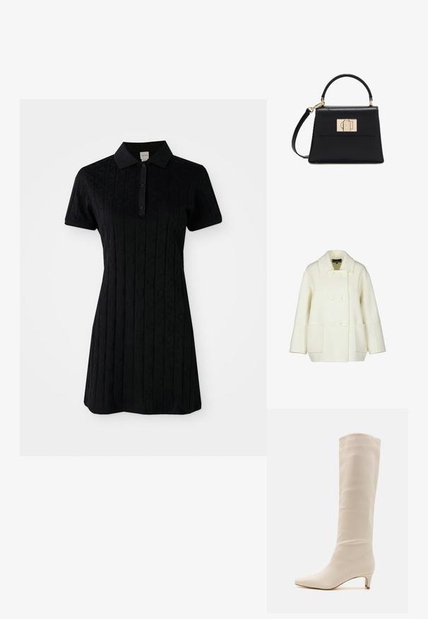 Abrigo crema de lana gruesa, con cuello con muescas, cierre de botones de doble botonadura y dos bolsillos frontales.; Vestido polo negro de manga corta, con un cuello y un patrón texturizado de diamantes y círculos. Cierre de botones en el cuello.; RAID LAYLA - Botas - off white; Bolso de mano de cuero negro con asa superior, correa de hombro desmontable y cierre rectangular dorado en la tapa frontal.