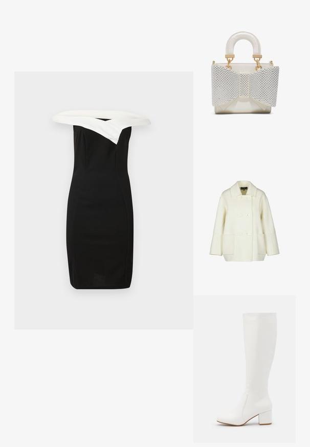 Cremefarvet peacoat lavet af tykt uld, med en notch-krave, dobbeltradet knaplukning og to frontlommer.; Sort tætsiddende kjole med en hvid off-the-shoulder krave, strømlinet design og glat tekstur, der fremhæver en moderne silhuet.; Hvide knæhøje støvler med en glat, blank finish. Firkantet blokhæl og diskret syningsdetalje langs siden.; Lille hvid håndtaske med polstret håndtag og stor forreste sløjfe prydet med sølvperler og guldfarvede metaldetaljer.