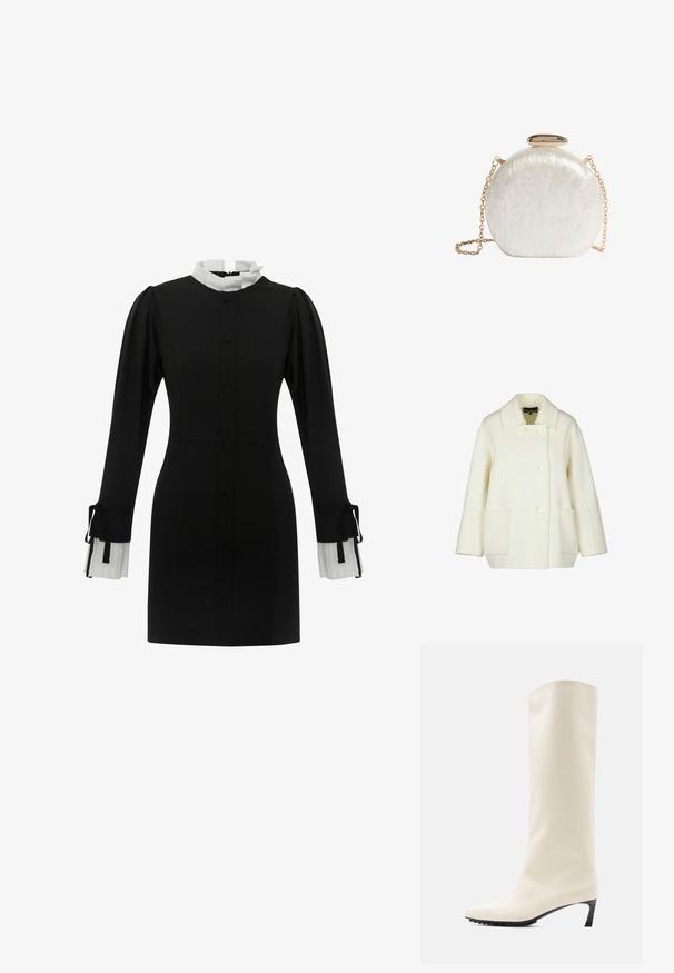 Crème kleurige peacoat van dikke wol, met een notch kraag, dubbele knopen sluiting en twee voorkruiszakken.; Zwarte jurk met een hoge witte kraag, knopen aan de voorkant en lange mouwen met geplooide witte manchetten met strikjes. Gladde stofstructuur.; Witte laars tot aan de knie, gemaakt van glad materiaal met een spits toelopende neus en een slanke zwarte hak. Heeft een strak ontwerp en minimale branding.; Ronde witte parelmoer clutch met goudkleurige sluiting en bijpassende gouden kettingriem op een witte achtergrond.