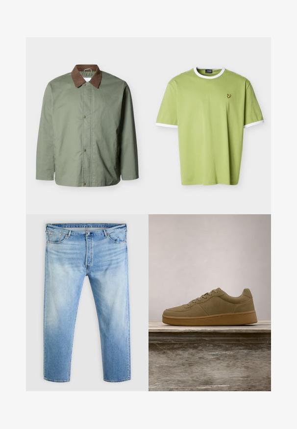 Veste pour homme de couleur vert olive avec col en velours côtelé marron, fermeture à boutons-pression, manches longues et ourlet droit.; T-shirt vert clair à manches courtes avec col et bords de manches blancs, arborant un petit logo d'oiseau jaune sur la poitrine gauche.; Jean en denim bleu clair avec détails délavés, fermeture frontale par bouton et fermeture éclair, passants pour ceinture et design à cinq poches.; Baskets vert olive à lacets flottant au-dessus d'un banc en bois, avec un feuillage vert flou en arrière-plan.