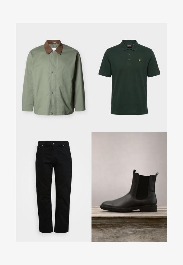 Herenjas in olijfgroen met een kraag van bruin ribfluweel en een drukknopsluiting, lange mouwen en een rechte zoom.; Donkergroen kortärmelig poloshirt met drie knopen en een klein geel vogel-logo op de linkerborst.; Zwarte jeans van katoen, met een klassieke snit, vijf zakken en een metalen knoopsluiting. Glad textuur met rechte pijpen.; Zwarte rubberen Chelsea-boot met een gladde afwerking, elastische zijpanelen en trekbanden, met een lage hak en stevige zool.