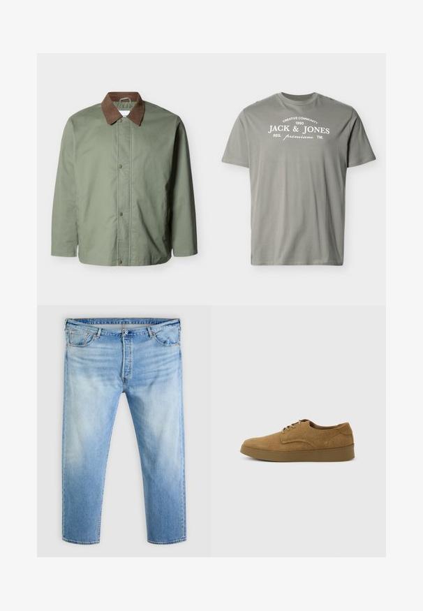 Veste pour homme de couleur vert olive avec col en velours côtelé marron, fermeture à boutons-pression, manches longues et ourlet droit.; T-shirt gris clair à manches courtes avec texte blanc "Creative Community 1990 Jack & Jones Reg. premium TM" sur la poitrine.; Jean en denim bleu clair avec détails délavés, fermeture frontale par bouton et fermeture éclair, passants pour ceinture et design à cinq poches.; Chaussure décontractée à lacets en daim marron avec semelle en caoutchouc plate, vue de côté sur un fond clair uni.