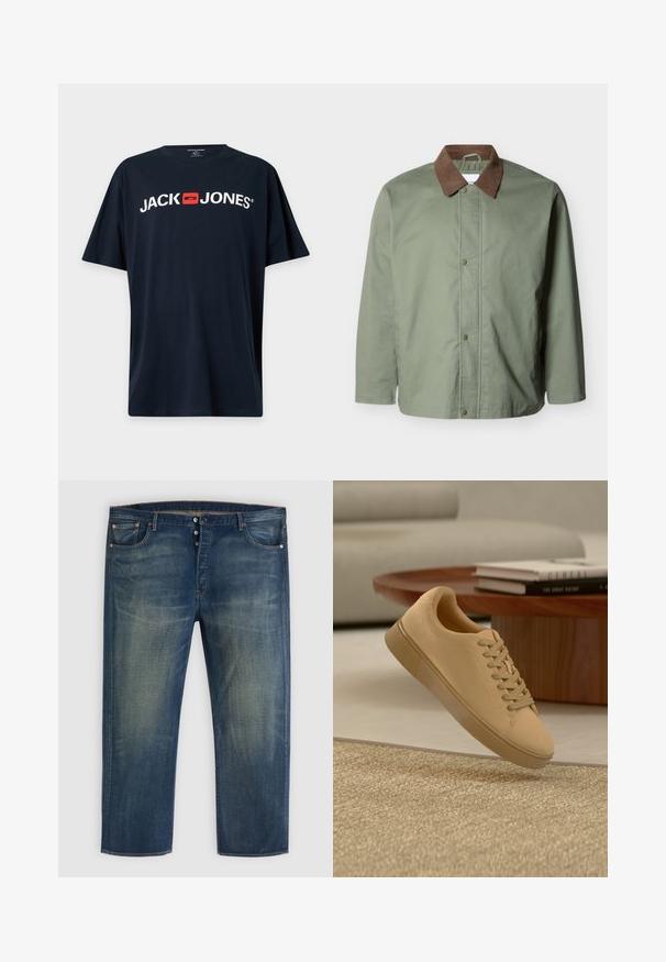 Herre olivengrøn jakke med brun kordfløjls krave og trykknaplukning, lange ærmer og en lige kant.; Sort T-shirt med korte ærmer med hvid "JACK JONES" tekst og et rødt firkantet logo centreret på brystet.; Blå denimjeans med knaplukning, klassisk fem-lomme design og falmede detaljer på lår og knæ.; Beige snørestøvler, der svæver over et tekstureret tæppe med et træ sofabord og stablede bøger i en sløret baggrund.