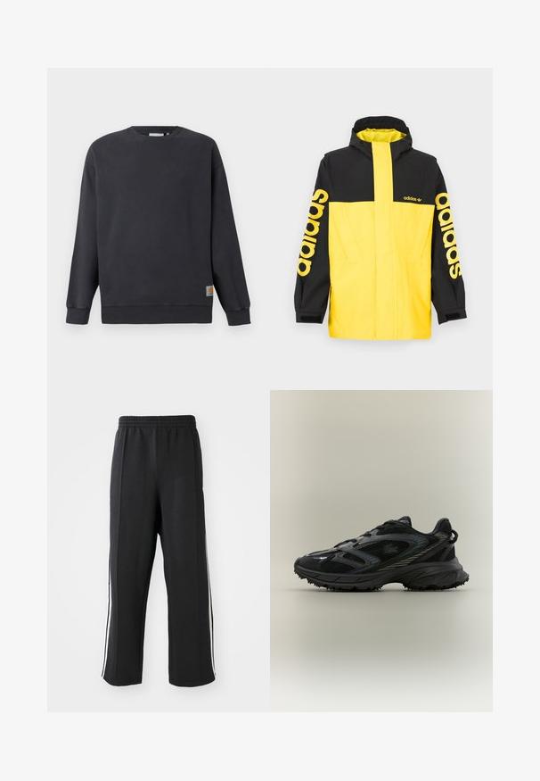 Žltá a čierna nepremokavá bunda s kapucňou, zdobená veľkými logami "adidas" na rukávoch a elegantným, moderným dizajnom.; Tmavošedá mikina s okrúhlym výstrihom a rebrovanými manžetami a spodným lemom. Obsahuje malú tkanú logo nášivku na dolnej ľavej strane. Materiál z bavlny, hladká textúra.; Čierne teplákové nohavice s elastickým pásom, s bielymi bočnými pruhmi a voľným strihom. Vyrobené z mäkkej, elastickej tkaniny.; Čierna športová topánka s priehľadnými panelmi, textúrovanou podrážkou, šnúrkami a zakriveným siluetom so striebornými akcentmi po stranách.