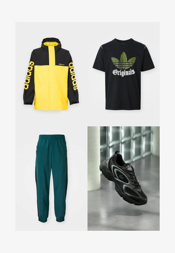 Gelbe und schwarze wasserdichte Jacke mit Kapuze, versehen mit großen "adidas"-Logos auf den Ärmeln und einem schlanken, modernen Design.; Schwarzes Baumwoll-T-Shirt mit einem abgenutzten grünen Grafikdesign, das drei Streifen zeigt, sowie dem Wort "Originals" darunter in Weiß. Rundhalsausschnitt, kurze Ärmel.; Türkise Sporthose mit einem Kordelzugbund, elastischen Bündchen und seitlichen schwarzen Streifen. Hergestellt aus leichtem Stoff und mit einem Logo in der Nähe der Hüfte.; Schwarzer Sportschuh aus Mesh- und synthetischem Material, mit profilierter Sohle, schlankem Design, silbernen Akzenten und vorderer Schnürung.