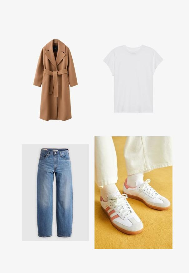 Lang, bruin mantel gemaakt van een zachte stof. Voorzien van een brede reverskraag, een getailleerde ceintuur en twee zijzakken. Rechte mouwen en tot aan de knie.; Witte t-shirt met korte mouwen, ronde hals, relaxte pasvorm, gemaakt van zacht katoen. Glad textuur, geen patronen of logo's.; Lichtblauwe rechte spijkerbroek van denim. Bevat een klassiek vijf-pocket ontwerp en subtiele vervaging langs de benen.; Witte sportschoenen met roze accenten, gemaakt van suede en leer, met een ronde neus en een rubberen zool, weergegeven met lichtgekleurde sokken op een gele achtergrond.