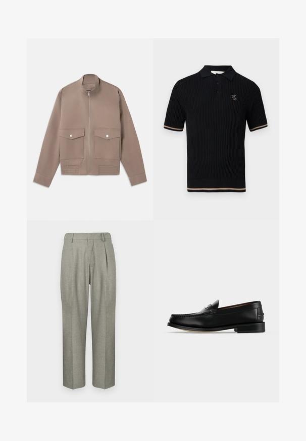 Veste bomber de couleur taupe avec fermeture éclair frontale, deux poches à rabat avec bouton-pression et détails côtelés à l'ourlet.; Polo noir côtelé à manches courtes avec trois boutons, rayures beige sur les poignets et l'ourlet des manches, et petit logo "FP" doré sur la poitrine gauche.; Pantalons gris clair en tissu texturé. Ils présentent une coupe droite, des plis à l'avant et une taille plate.; Mocassin homme en cuir noir avec un petit talon et une couture de style mocassin sur l'avant, vu de côté sur un fond uni.