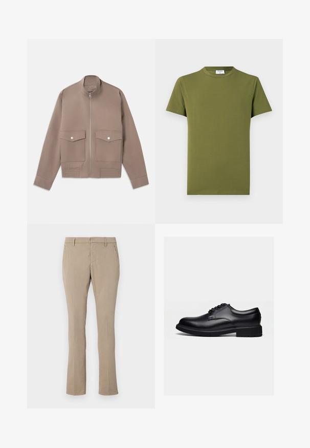 Bomber jacket de color topo con cremallera frontal, dos bolsillos con tapa y botón a presión, y detalles acanalados en el dobladillo.; Camiseta de manga corta de color verde oliva, hecha de tela suave y lisa. Cuello redondo clásico, líneas limpias y sin patrones ni detalles visibles.; Pantalones beiges de tela de mezcla de algodón, con un corte slim, diseño de pierna recta, bolsillos frontales y cierre de cremallera con botón.; Zapato de vestir de cuero negro pulido con diseño de cordones y suela gruesa de goma, mostrado de lado sobre un fondo claro y simple.
