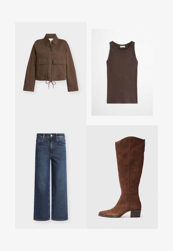 Braune Jacke mit Reißverschluss, großen aufgesetzten Taschen vorne, Kragen, langen Ärmeln und verstellbarem Kordelzug am Saum.; Dunkelbraunes, ärmelloses, figurbetontes Tanktop mit rundem Ausschnitt, vor einem einfarbigen hellen Hintergrund dargestellt.; Dunkelblaue Jeans mit weitem Bein, vorn mit Knöpfen und Reißverschluss, Gürtelschlaufen und Vordertaschen vor einfarbigem Hintergrund.; Braune Wildleder-Stiefel bis zum Knie mit spitzen Zehen und einem gestapelten Absatz. Sie verfügen über eine glatte Oberfläche und minimalistische Nähdetails.