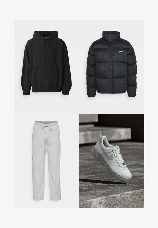 Chaqueta de plumas negra con cuello alto, cierre de cremallera y logo de Nike. Presenta un patrón acolchado y dos bolsillos laterales.; Sudadera negra de Nike con bolsillo frontal tipo canguro, capucha con cordón, puños acanalados y pequeño logo de Nike en blanco en el pecho.; Pantalones de chándal gris claro hechos de una tela suave. Cuentan con una cintura elástica con cordón y el logo de Nike en negro en el muslo izquierdo.; Zapatilla blanca Nike Air Force 1 flotando sobre una superficie de hormigón texturizado con escalones de piedra al fondo.