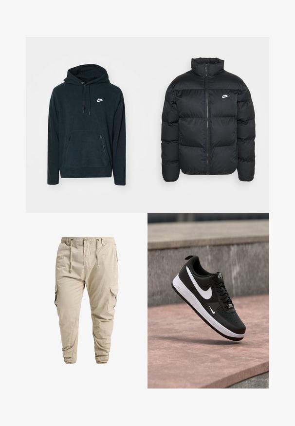 Chaqueta de plumas negra con cuello alto, cierre de cremallera y logo de Nike. Presenta un patrón acolchado y dos bolsillos laterales.; Sudadera de felpa negra con un bolsillo tipo canguro en la parte frontal y dos bolsillos laterales con cremallera. Incluye una capucha con cordones y un logo de Nike en blanco.; Pantalones cargo beige con cintura elástica, cordón, botón frontal, bolsillos laterales con solapa y puños elásticos en los tobillos.; Zapatilla Nike Air Force 1 en blanco y negro suspendida sobre una superficie de concreto rosa con un fondo de piedra gris.