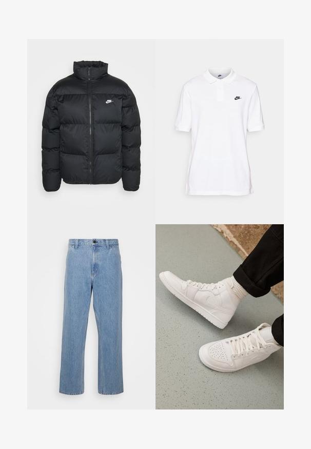 Chaqueta de plumas negra con cuello alto, cierre de cremallera y logo de Nike. Presenta un patrón acolchado y dos bolsillos laterales.; Camisa polo de algodón blanca con cuello clásico, mangas cortas y un logo negro de Nike en el lado izquierdo del pecho.; Jeans de mezclilla azul claro con corte recto, que cuentan con cierre de botón y trabillas para cinturón. La tela tiene una sutil textura descolorida.; Zapatillas altas blancas hechas de cuero suave con puntera perforada, cierre de cordones y sutil detalle del logo en el lateral. Suela de goma texturizada.