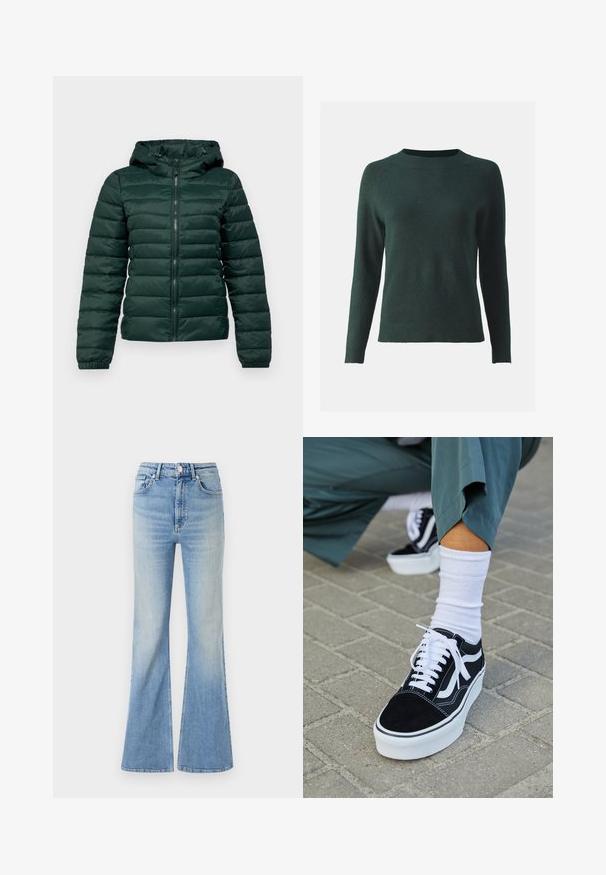 Chaqueta de plumas verde oscuro con cremallera frontal, capucha, puños acanalados y costuras horizontales. Textura suave y lisa con un diseño acolchado.; Suéter verde de manga larga, con cuello redondo y dobladillo de canalé. Fabricado con una suave tela texturizada y acabado liso.; Jeans acampanados de color azul claro, hechos de mezclilla, con una cintura alta, diseño de cinco bolsillos y un ligero degradado que va hacia el dobladillo.; Zapatillas de ante negro con acentos y cordones blancos, que cuentan con una gruesa suela blanca y costuras en contraste, combinadas con un calcetín blanco.