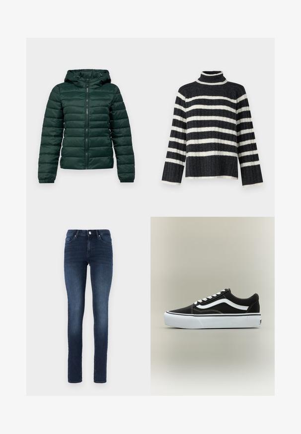 Dunkelgrüne Pufferjacke mit Reißverschluss vorne, Kapuze, gerippten Bündchen und horizontalen Nähten. Weiche, glatte Textur mit gepolstertem Design.; Schwarz-weiß gestreifter Rollkragenpullover mit lockerer Passform, gerippter Textur und langen Ärmeln. Verfügt über einen hohen Kragen und horizontale Streifen.; Dunkelblaue Skinny Jeans aus Denim, mit klassischem Fünf-Taschen-Design, Knopfverschluss und subtilen Verfärbungen an den Oberschenkeln.; Niedriger schwarzer Sneaker mit weißem Seitenstreifen, weißen Schnürsenkeln, weißer Gummisohle und strukturierter Zehenkappe auf neutralem Hintergrund.