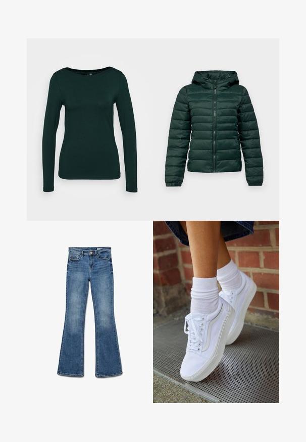 Chaqueta de plumas verde oscuro con cremallera frontal, capucha, puños acanalados y costuras horizontales. Textura suave y lisa con un diseño acolchado.; Parte superior de manga larga en verde oscuro, fabricada con tela suave. Presenta un escote redondo y un diseño ajustado con bordes sin costuras. Estilo minimalista.; Vaqueros de mezclilla azul acampanados con cintura de media altura, con un acabado limpio, textura desgastada y diseño tradicional de cinco bolsillos.; Zapatillas de lona blancas con suelas de goma, que presentan seis ojales, puntera redonda y detalles de costura ligera, combinadas con calcetines blancos hasta el tobillo.