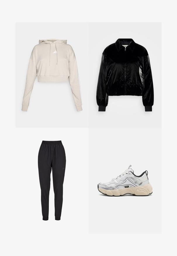 Sort fløjl bomberjakke med krave, frontlynlås, ribbede ærmer og kant. Glat tekstur med en afslappet pasform og drop skuldrer.; Lys beige cropped sweatshirt med hætte, med et hvidt trekantet logo og hvide side striber. Lavet af blødt, tekstureret stof.; Sorte elastiske bukser med samlet manchet, lige ben-design, lavet af letvægtsmateriale, med et diskret logo på siden.; Hvid sportsko med mesh- og syntetiske paneler, sølvdetaljer, chunky creme farvet sål og kontrasterende sorte detaljer. Har snøresystem.