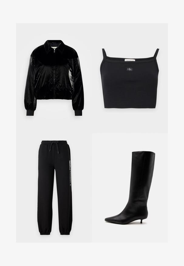 Chaqueta bomber de terciopelo negro con cuello, cremallera frontal, puños acanalados y dobladillo. Textura brillante con un corte relajado y hombros caídos.; Top corto negro acanalado con tirantes delgados y un pequeño parche con el logo de Calvin Klein centrado en el pecho.; Pantalones de chándal negros con cinturilla elástica, cordón ajustable y puños ceñidos. Presenta un logo blanco impreso en el lado izquierdo.; Bota alta de cuero negro hasta la rodilla con puntera puntiaguda y tacón bajo tipo kitten sobre un fondo claro y liso.