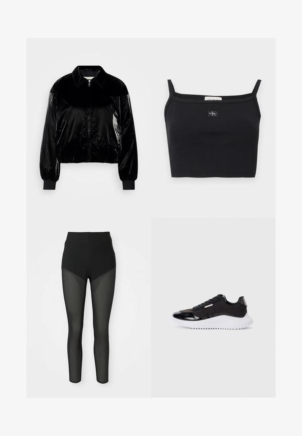Chaqueta bomber de terciopelo negro con cuello, cremallera frontal, puños acanalados y dobladillo. Textura brillante con un corte relajado y hombros caídos.; Top corto negro acanalado con tirantes delgados y un pequeño parche con el logo de Calvin Klein centrado en el pecho.; Leggings ajustados de talle alto en negro con paneles de malla semitransparente en los muslos delanteros y en las pantorrillas, diseño sin costuras y silueta ceñida.; Zapatillas deportivas negras con parte superior sintética suave, suela gruesa blanca, acentos texturizados y cordones negros. Diseño minimalista, sin logotipos visibles.
