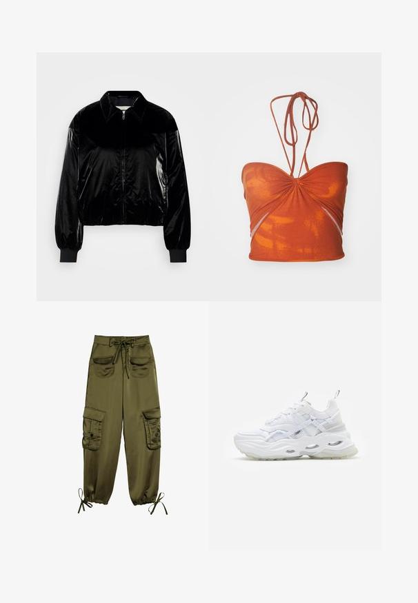 Sort fløjl bomberjakke med krave, frontlynlås, ribbede ærmer og kant. Glat tekstur med en afslappet pasform og drop skuldrer.; Orange strapless top med en samlet midte, subtilt mønster og tynde, justerbare skulderremme. Lavet af blød, strækbar stof.; Olivenfarvede cargo bukser lavet af glat stof, med to frontlommer, justerbar talje bånd og elastiske manchetter med snore ved anklerne.; Hvide sneakers med en kraftig sål, lagdelt mesh og syntetisk overdel, med mønstrede detaljer, snøresystem og hæl-dragtag.