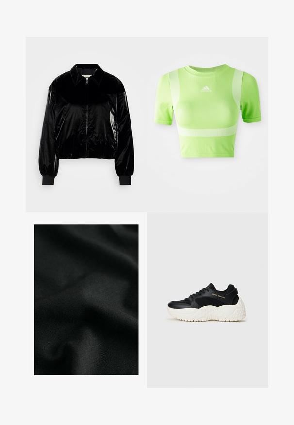 Must must-haves bomber-jakk, millel on krae, esi tõmblukk, soonikkoes mansetid ja äär. Läikiv tekstuur ja vabalt istuv lõige, madalad õlavarred.; Lühenud sportlik särk ere roheline. Omab lühikesi varrukaid, ümarat kaelust ja valget diagonaalriba mustrit õlgadel. adidas logo ees.; Must mustri tekstuuriga must puuvillane kangas, millel on kerged lokkid ja peened kudumimustrid. Materjal pakub pehmet ja paindlikku langet.; Mustriga ja valge Armani Exchangei sneaker, millel on võrkkangas ja nahk ülaosa, tüse valge tallaga ning kullast brändimine küljel ja keelel.