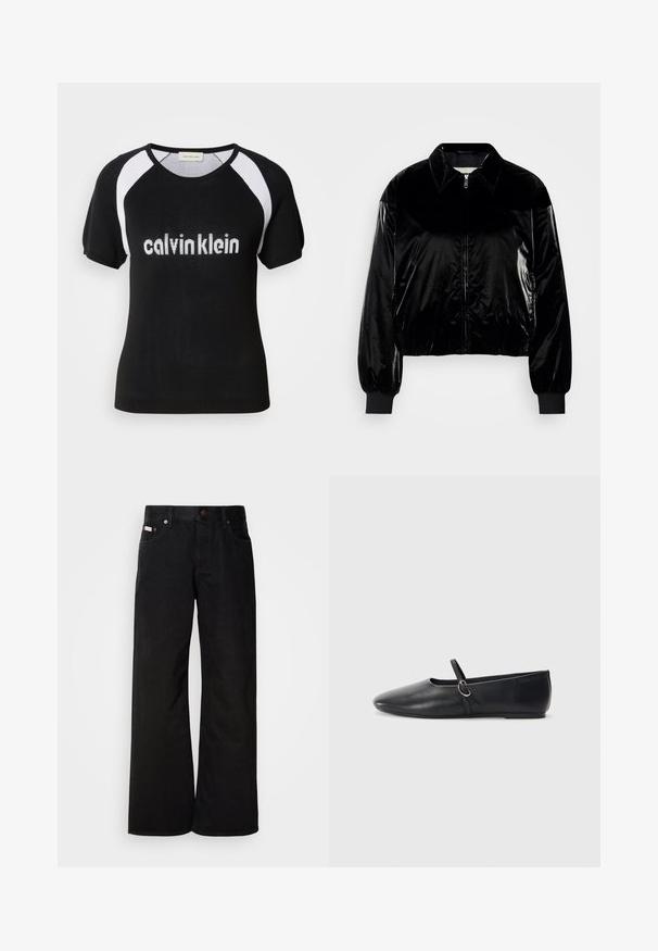 Must must-haves bomber-jakk, millel on krae, esi tõmblukk, soonikkoes mansetid ja äär. Läikiv tekstuur ja vabalt istuv lõige, madalad õlavarred.; Must värviline lühikeste varrukatega kudum, millel on valged raglanvarrukad. Rinnal on valge "calvinklein" tekst. Ümmargune kaelus. Pehme tekstuur.; Mustad lai jalad teksased, mis on valmistatud puuvillast. Omab esitaskuid, nööbikinnitust ja klassikalist teksakanga tekstuuri. Minimalistlik disain ilma mustriteta.; Mustadest nahast balletitaldud, millel on terav nina, lame tald ja väike rihm koos hõbedase detailiga.