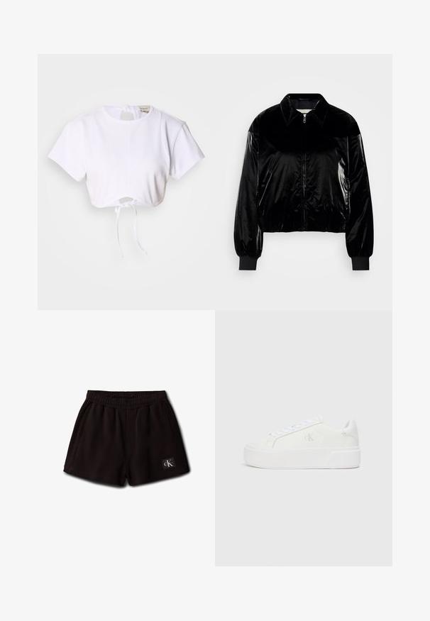 Chaqueta bomber de terciopelo negro con cuello, cremallera frontal, puños acanalados y dobladillo. Textura brillante con un corte relajado y hombros caídos.; Camiseta blanca corta hecha de una tela suave. Presenta un cuello redondo, mangas cortas y un cordón en la parte inferior para ajustar.; Pantalones cortos negros con cintura elástica, bolsillos laterales y un pequeño parche con el logo de Calvin Klein en la parte frontal inferior izquierda.; Zapatillas de plataforma blancas con parte superior de cuero suave, punta redondeada, cordones blancos y un sutil detalle de logotipo en el lateral. Suela de goma plana.