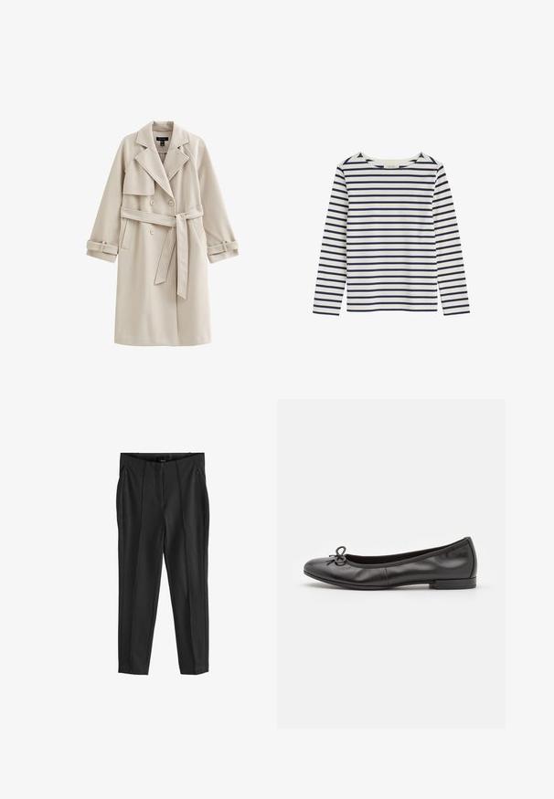 Beige trenchcoat met lange mouwen, dubbele knoopsluiting aan de voorkant, brede revers en een ceintuur in de taille. Gladde stof zonder zichtbare patronen.; Wit shirt met lange mouwen en horizontale marineblauwe strepen, met een ronde hals, plat neergelegd op een witte achtergrond.; Zwarte tapered broek met een gladde textuur, voorzien van twee voorste ritszakken en voorplooien voor een gestructureerd ontwerp.; Zwarte leren ballerina's met een ronde neus, een klein strikaccent aan de voorkant en een lage, rechthoekige hak. Gladde textuur.