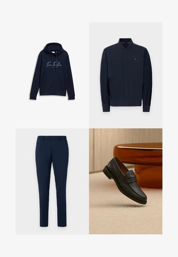 Navyblauwe bomberjack met geribde kraag en manchetten, drukknoopsluiting aan de voorkant, zijzakken en klein Tommy Hilfiger-logo op de borst.; Donkerblauwe hoodie met trekkoorden, met een opvallende witte en lichtblauwe logo tekst "Tom Tailor" met het jaar 1962. Zachte textuur.; Marineblauwe slim-fit broek met riemlussen, knoopsluiting en elastische tailleband, gepresenteerd tegen een witte achtergrond.; Zwarte leren herensloffen met een band over de bovenkant, getoond op een beige tapijt vlakbij een bruine moderne ronde tafel.