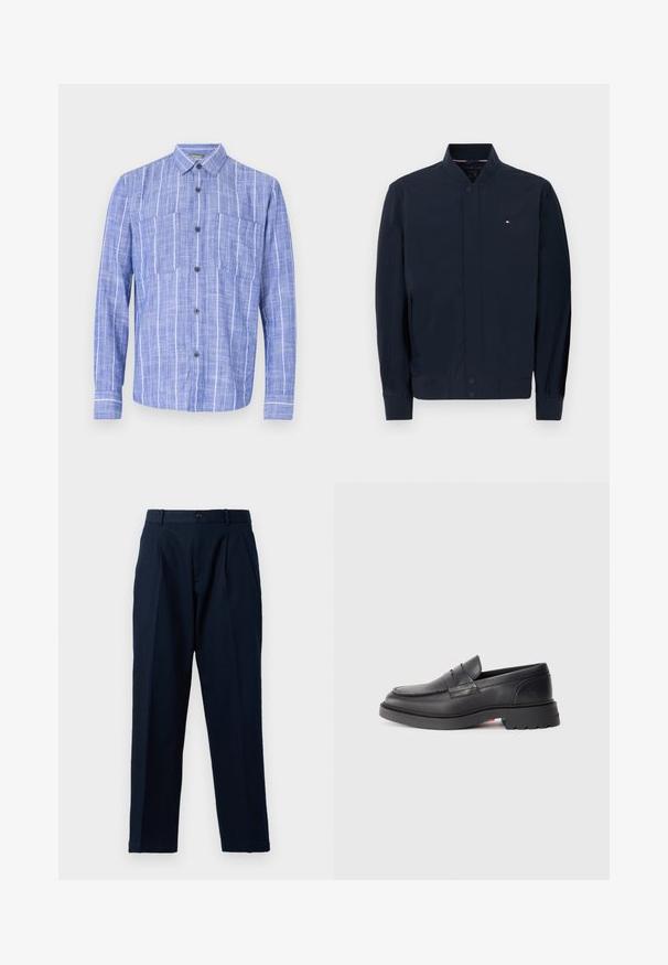 Chaqueta bomber azul marino con cuello y puños acanalados, cierre frontal de botones a presión, bolsillos laterales y pequeño logo de Tommy Hilfiger en el pecho.; Camisa azul de manga larga con rayas verticales blancas, cierre de botones en la parte delantera, dos bolsillos en el pecho y cuello clásico.; Pantalones de corte ajustado color azul marino con pliegues, bolsillos laterales, presillas para cinturón y cierre de botón sobre un fondo blanco.; Mocasines de cuero negro con punta redondeada, costura elevada y suela de goma gruesa. Diseño simple con mínima marca en el lateral.