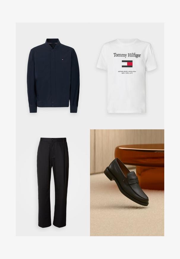 Marineblaue Bomberjacke mit geripptem Kragen und Bündchen, vorderer Druckknopfleiste, Seitentaschen und kleinem Tommy Hilfiger-Logo auf der Brust.; Weißes T-Shirt mit kurzen Ärmeln mit dem Text "Tommy Hilfiger", rotem, weißem und blauem Logo und darunter gedrucktem "Established MCMLXXXV New York City".; Schwarze Hosen mit geradem Schnitt, aus leichtem Stoff gefertigt. Verfügt über einen vorderen Knopfverschluss und zwei seitliche Taschen; glatte Textur.; Schwarzer Leder-Herrenloafer mit einem Band über dem Spann, auf beigem Teppich neben einem braunen modernen runden Tisch präsentiert.
