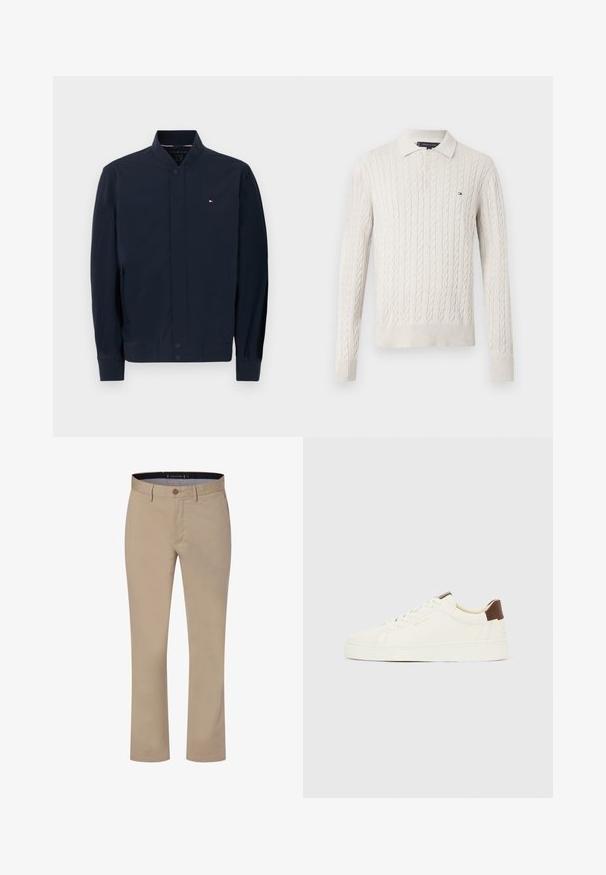 Veste bomber bleu marine avec col et poignets côtelés, devant à boutons-pression, poches latérales, et petit logo Tommy Hilfiger sur la poitrine.; Pull-over en maille torsadée couleur crème avec un col et trois boutons. Poignets et ourlet côtelés, avec un petit logo sur la poitrine.; Pantalons en coton beige avec une coupe droite, fermeture à bouton et texture subtile. Comprend une ceinture intérieure rayée et des poches latérales.; Baskets blanches basses avec lacets crème, une languette de talon marron et le logo "GANT" doré sur le côté, présentées de profil sur un fond uni.