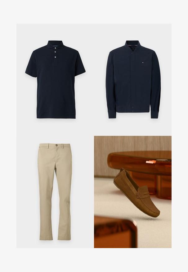 Marineblaue Bomberjacke mit geripptem Kragen und Bündchen, vorderer Druckknopfleiste, Seitentaschen und kleinem Tommy Hilfiger-Logo auf der Brust.; Marineblaue kurzärmlige Polo-Shirt mit Kragen und drei weißen Knöpfen auf der Knopfleiste, vor einem einfarbigen Hintergrund präsentiert.; Beige Chinos aus leichtem Stoff, mit geradem Bein, Knopfverschluss und zwei Fronttaschen. Glatte Textur mit minimaler Verzierung.; Brauner Wildleder-Loafer mit gesteppten Details, der über einem beigen Teppich schwebt, mit orangenen, durchscheinenden Möbeln im Hintergrund.
