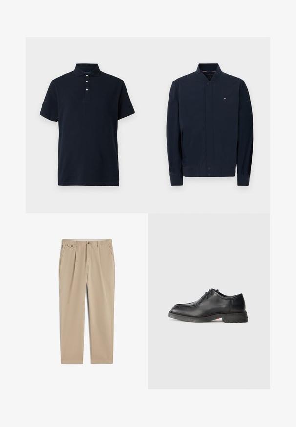 Marineblaue Bomberjacke mit geripptem Kragen und Bündchen, vorderer Druckknopfleiste, Seitentaschen und kleinem Tommy Hilfiger-Logo auf der Brust.; Marineblaue kurzärmlige Polo-Shirt mit Kragen und drei weißen Knöpfen auf der Knopfleiste, vor einem einfarbigen Hintergrund präsentiert.; Beige gerade geschnittene Hose mit Gürtelschlaufen, Knopf- und Reißverschluss vorne, Seitentaschen und Plissee-Detail nahe dem Bund.; Schwarzer Lederschuh mit glatter Textur, abgerundetem Zehenbereich und flacher, geprägter Naht. Dicke Gummisohle mit leichtem Absatz und rutschfester Musterung.