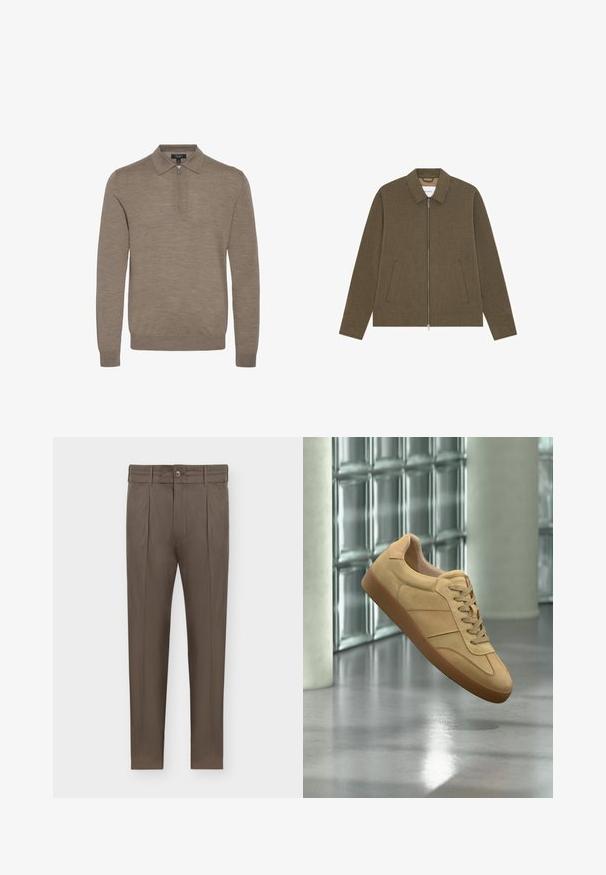 Veste zippée vert olive avec col, manches longues, deux poches avant et détails de couture minimaux sur fond blanc.; Pull léger marron avec un col zippé, des manches longues et une texture douce, fabriqué en maille fine.; Pantalon marron pour homme, coupe fuselée, avec plis, passants pour ceinture, fermeture à boutons et poches latérales sur fond blanc.; Baskets beiges en daim avec semelle en gomme, design à lacets, flottant à l'intérieur sur un sol en béton poli près d'un mur en blocs de verre.