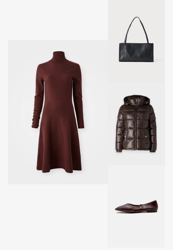 MICHAEL Michael Kors ULTRA LIGHTWEIGHT PUFFER - Winterjas - chocolate; Langermige, hoge nek, bordeaux gebreide jurk met een geflared rok, weergegeven op een witte achtergrond.; Shiny donkerbruine platte schoen met puntige neus en klein strikdetail bovenop, getoond op een effen lichte achtergrond.; Zwarte rechthoekige lederen handtas met twee dunne schouderbandjes tegen een effen lichte achtergrond.