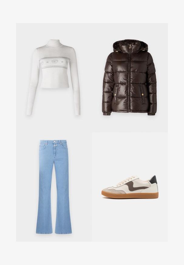 MICHAEL Michael Kors ULTRA LIGHTWEIGHT PUFFER - Talvejope - chocolate; Lühi valge sviiter kõrge kaelusega, millel on hõbedased kootud mustrid ja soonikkoes ääred ning varrukaotsad.; Heledad sinised teksad, millel on kõrge vöökoht, viie-tasku disain ja kontrastne õmblemine. Sile tekstuur ja puhas viimistlus.; Ketsid, millel on kreemjas nahk, tumeda pruuniga sametist aktsent, beežid paelad ja kummist tallad; klassikaline madala profiiliga disain.