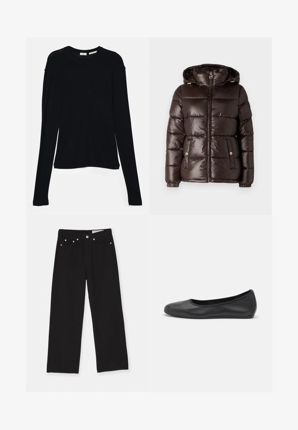 MICHAEL Michael Kors ULTRA LIGHTWEIGHT PUFFER - Veste d'hiver - chocolate; Haut noir à manches longues en tissu doux, avec un col rond et une coupe décontractée, doté de fentes sur les côtés à l'ourlet pour faciliter les mouvements.; Jean noir à jambes larges en denim, comprenant un design à cinq poches, une fermeture à bouton et des accents en métal. Tissu texturé avec une finition lisse.; Ballerines en cuir noir avec un bout rond, texture lisse, détails de couture minimalistes et design de semelle flexible.