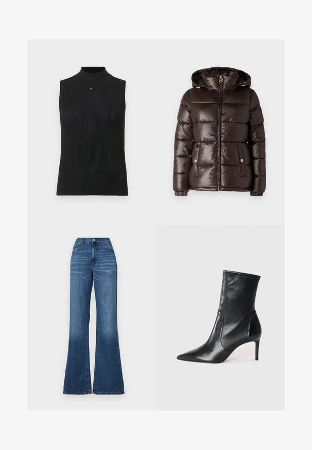 MICHAEL Michael Kors ULTRA LIGHTWEIGHT PUFFER - Veste d'hiver - chocolate; Haut sans manches à col roulé noir à côtes avec un petit logo "AX" doré centré en dessous de l'encolure, sur un fond clair.; Jean à jambe large en denim délavé moyen. Il présente une taille haute, une fermeture à bouton sur le devant et une décoloration minimale. Coupe droite de la cuisse à l'ourlet.; Bottes noires à la cheville en cuir lisse, dotées d'un bout pointu, d'un tige ajustée et d'un talon haut fin. Design minimaliste sans quincaillerie visible.