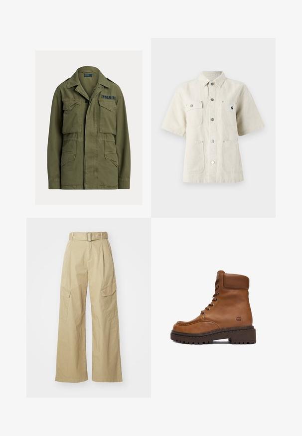 Grøn militærinspireret jakke med fire lommer foran med klapper, knap- og lynlåslukning, samt "Polo RL" broderet på øverste højre bryst.; Kortærmet skjorte i lys beige stof, med spidse kraver, frontknapper, to brystlommer og et lille logomærke på venstre side.; Beige cargo bukser med vid ben, lavet af letvægtsstof. Har en bæltestrop i taljen, to sidelommer og markante frontfold.; Brune læder ankelstøvle med rund tå, tyk brun gummisål, fremtrædende syninger og snørebånd foran. Har en polstret krave.