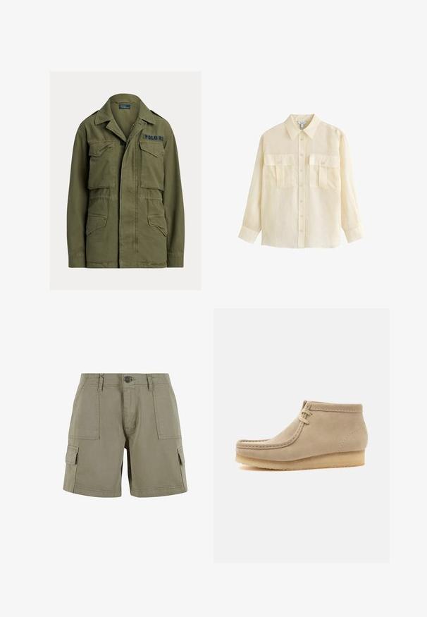 Grøn militærinspireret jakke med fire lommer foran med klapper, knap- og lynlåslukning, samt "Polo RL" broderet på øverste højre bryst.; Langærmet beige skjorte med knapper, krave og to forlommer med knapper, vist på hvid baggrund.; Khaki cargo shorts lavet af letvægtsbomuld med to sidelommer, en front knaplukning og lige snit.; Beige ruskind-ankelstøvle med crepe sål og mokkasinsting, med to snørehuller og flad hæl.