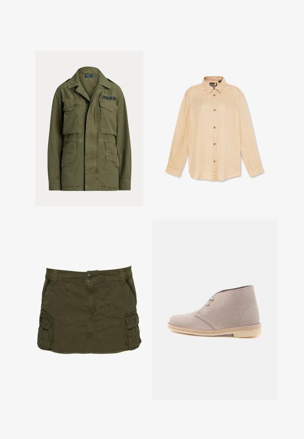 Grøn militærinspireret jakke med fire lommer foran med klapper, knap- og lynlåslukning, samt "Polo RL" broderet på øverste højre bryst.; Beige skjorte med lange ærmer i letvægtsstof, med knapkrave, frontknapper og et lille logo på brystet.; Olivengrøn cargoskørt lavet af bomuldsblanding, med sidelommer, synlige sømme og knappelukning i taljen.; Lyse beige ørkenstøvle i ruskind med to snørehuller og crepesål, vist i profil mod en ensfarvet hvid baggrund.