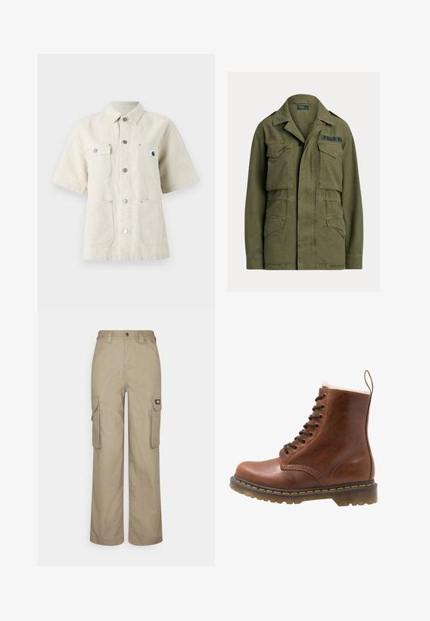 Grøn militærinspireret jakke med fire lommer foran med klapper, knap- og lynlåslukning, samt "Polo RL" broderet på øverste højre bryst.; Kortærmet skjorte i lys beige stof, med spidse kraver, frontknapper, to brystlommer og et lille logomærke på venstre side.; Beige cargo bukser lavet af slidstærkt stof, med en afslappet pasform, flere sidelommer og et elastisk liv med knaplukning.; Brun læder ankelstøvle med pelsfor, rund tå, snørebånd foran og gul syning langs sålen. Robust gummisål for godt greb.