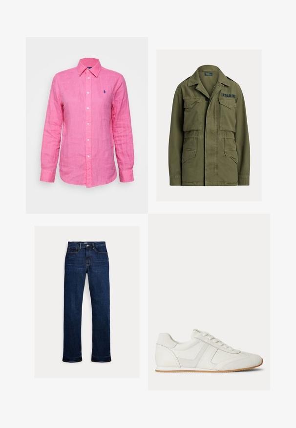 Grøn militærinspireret jakke med fire lommer foran med klapper, knap- og lynlåslukning, samt "Polo RL" broderet på øverste højre bryst.; Langærmet, krave skjorte i lys pink linned, med et lille blåt logo på venstre bryst og hvide knapper ned foran.; Mørkeblå straight-leg jeans med frontknap og lynlås, fem-lomme design og synlige syninger.; Hvid lavtop sneaker med snørelukning foran, ruskind- og læderpaneler og en lysebrun gummisål på en hvid baggrund.