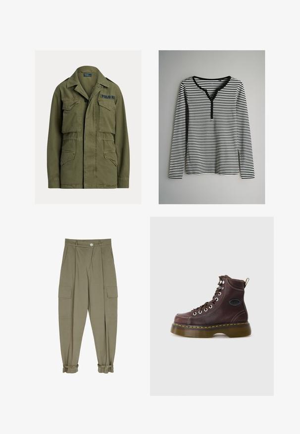 Chaqueta verde estilo militar con cuatro bolsillos delanteros con solapa, cierre de botones y cremallera, y "Polo RL" bordado en la parte superior derecha del pecho.; Top de manga larga a rayas en blanco y negro, con escote en V y detalles de botones, textura acanalada y dobladillo recto.; Pantalones cargo verde oliva hechos de tejido suave, con dos bolsillos frontales, diseño plisado y puños con cierres ajustables.; Botín de cuero marrón con superficie texturizada, ojales plateados y costura amarilla. Presenta una suela gruesa translúcida y una lengüeta en la parte posterior.