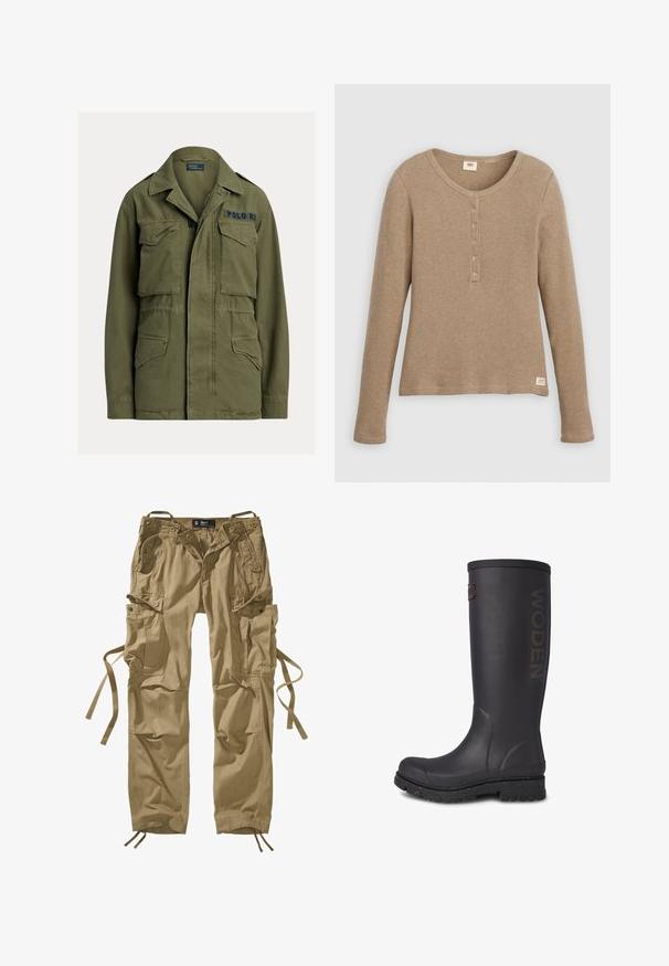 Grøn militærinspireret jakke med fire lommer foran med klapper, knap- og lynlåslukning, samt "Polo RL" broderet på øverste højre bryst.; Beige henley-shirt i vaffelstrik med lange ærmer, rund halsudskæring og fem-knaps lukning, vist fladt mod hvid baggrund.; Khaki cargo bukser lavet af bomuld med flere sidelommer, snore ved anklerne og knaptryk. Rette linjer og slidstærkt stof.; Høj sort gummistøvle med struktureret overflade, WODEN-logo på siden, og en forstærket sål med spraglete accenter.